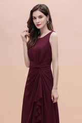 Long A-Line Backless Ruched Chiffon Burgundy Wedding Guest Dresses With Split