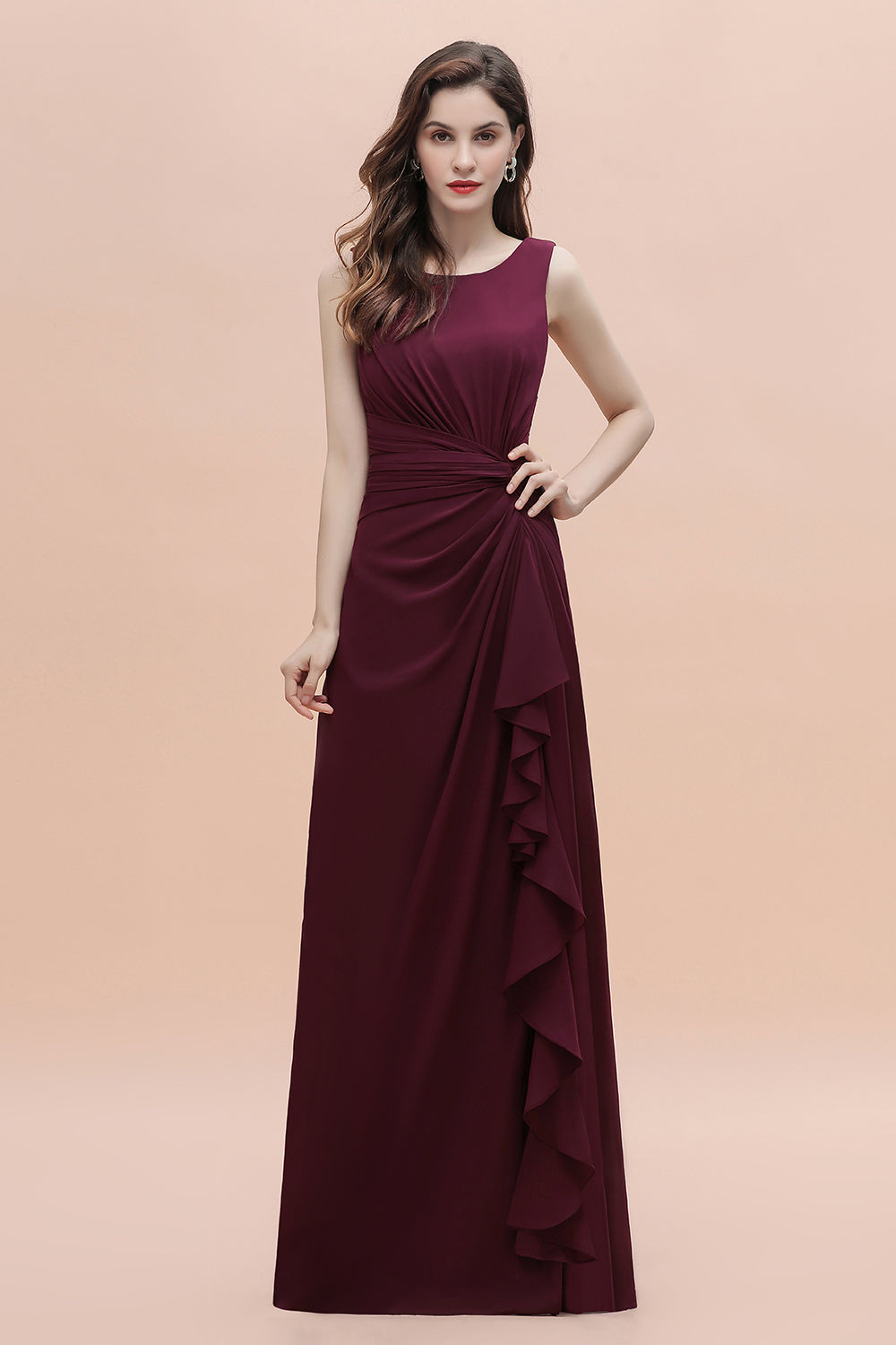 Burgundy Bateau A-Line Backless Ruched Chiffon Bridesmaid Dress With Split