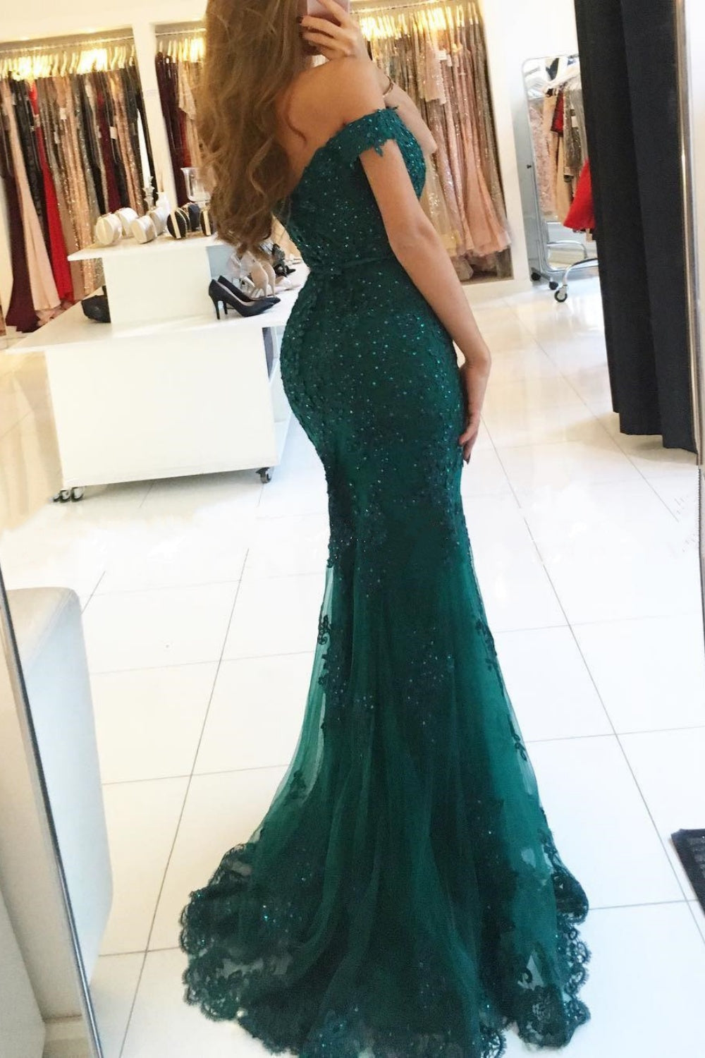 Burgundy Long Mermaid Off the Shoulder Tulle Beaded Lace Prom Dresses