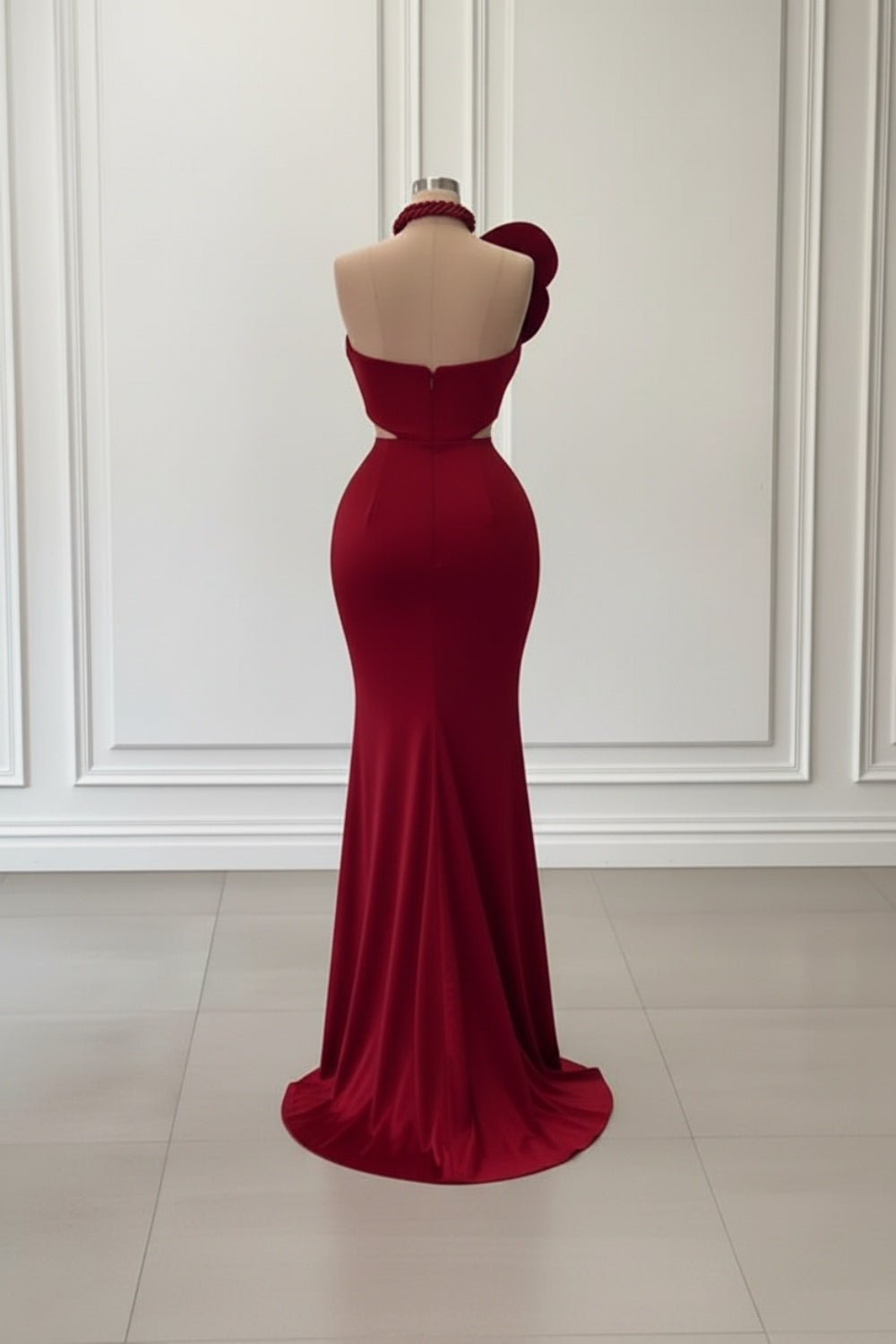 Burgundy Long Mermaid One Shoulder Satin Prom Dress with Flowers
