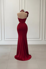 Burgundy Long Mermaid One Shoulder Satin Prom Dress with Flowers