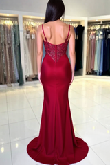 Burgundy Long Mermaid Sweetheart Satin Lace Prom Dresses with Slit