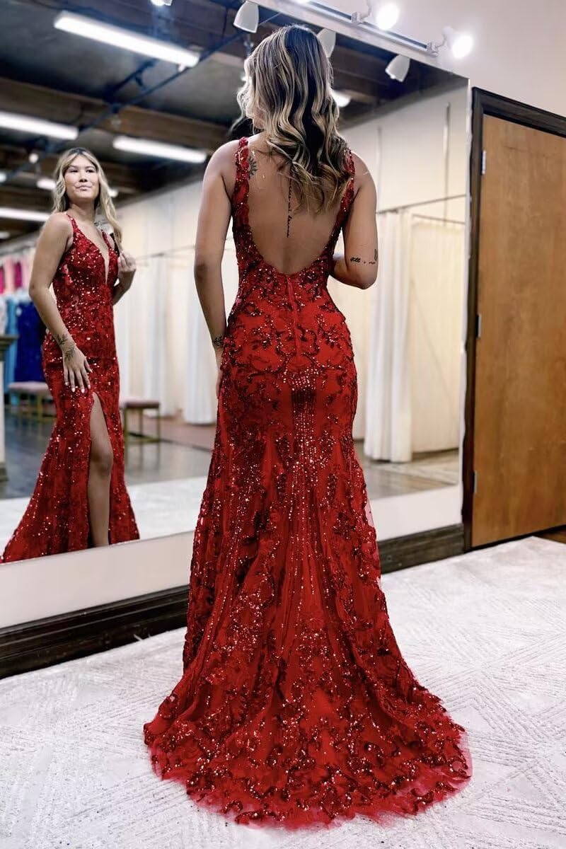Burgundy V-neck Backless Sequin Mermaid Long Prom Dress with Slit
