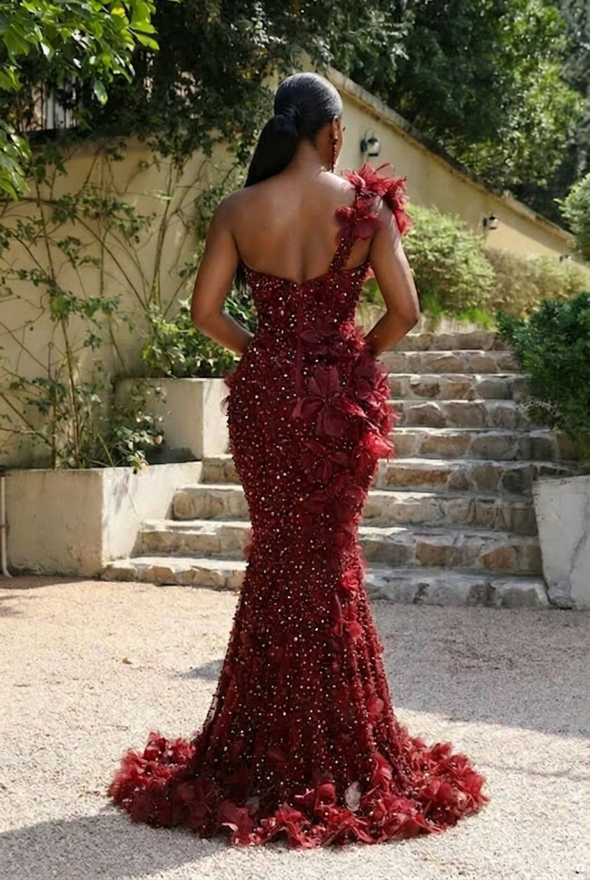 Burgundy One Shoulder Sleeveless Long Mermaid Evening Dress