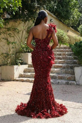 Burgundy One Shoulder Sleeveless Long Mermaid Evening Dress