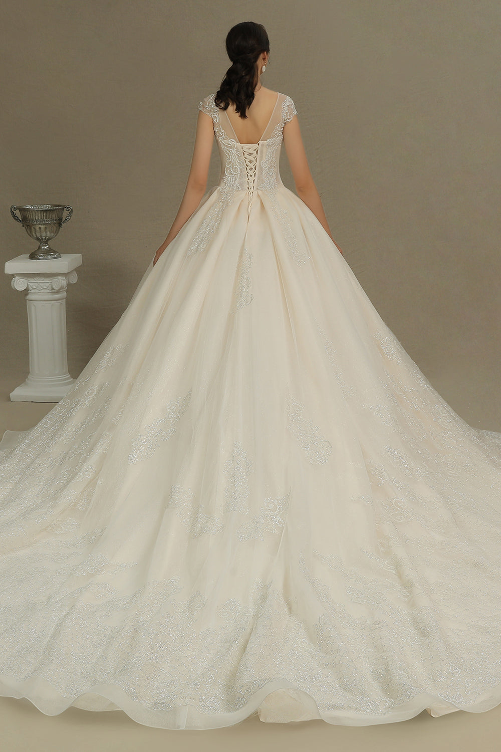 Luxury Long Ball Gown Tulle Lace Appliques Garden Wedding Dresses with Cap Sleeve