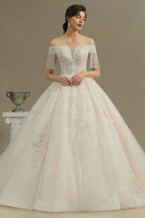 Elegant Long Appliques Beads Off the Shoulder Tassel Ball Gown Wedding Dress