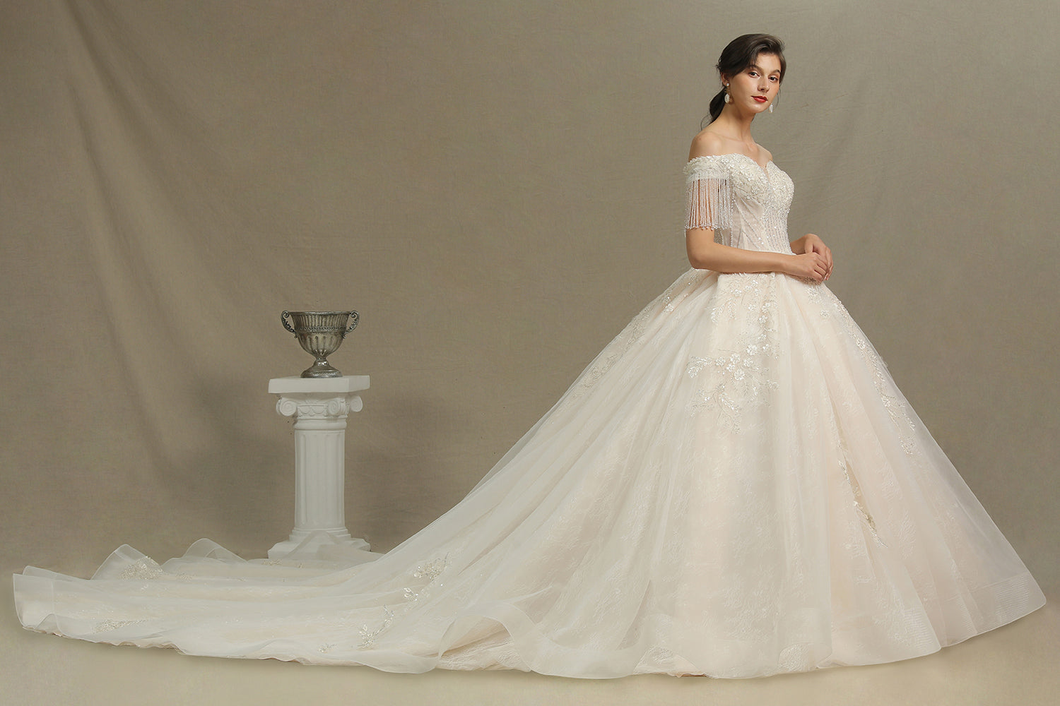 Elegant Long Appliques Beads Off the Shoulder Tassel Ball Gown Wedding Dress