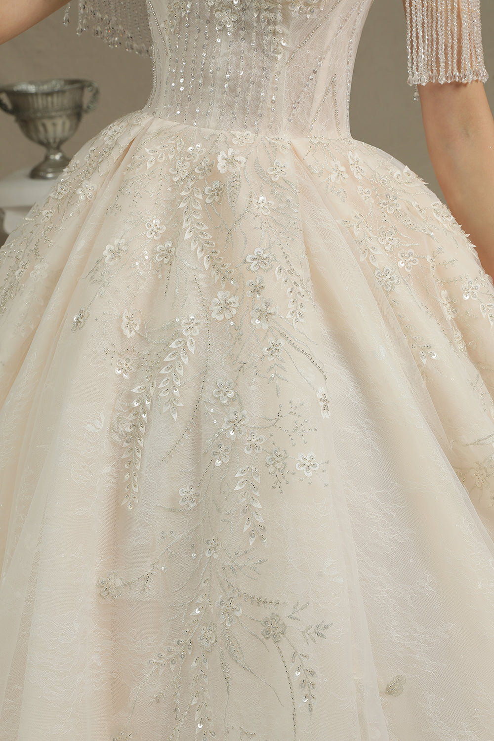 Elegant Long Appliques Beads Off the Shoulder Tassel Ball Gown Wedding Dress