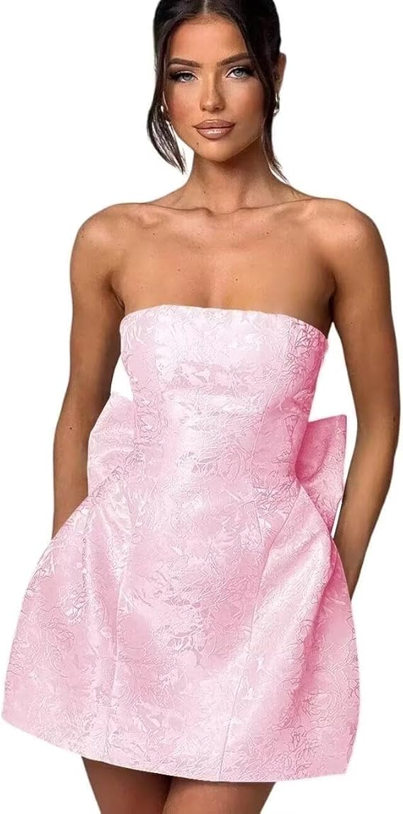 Strapless Short Ball Gown Sleeveless Lace up Jacquard Satin Homecoming Dress with Bow