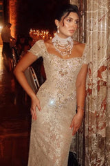 Cap Sleeves Long Lace Sheath Evening Dress with Rhinestones