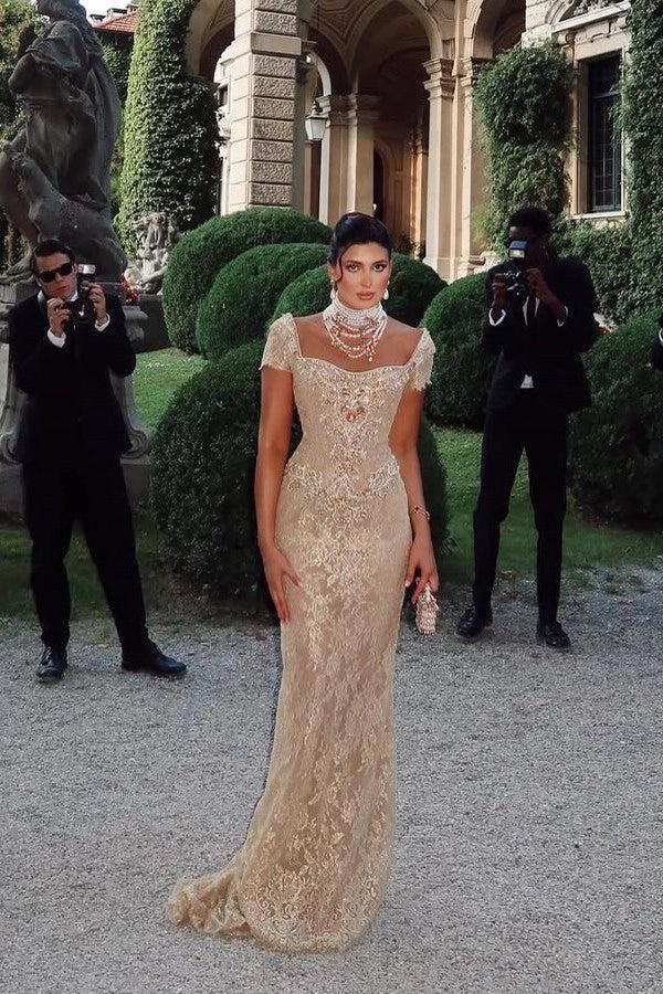 Cap Sleeves Long Lace Sheath Evening Dress with Rhinestones
