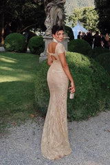 Cap Sleeves Long Lace Sheath Evening Dress with Rhinestones