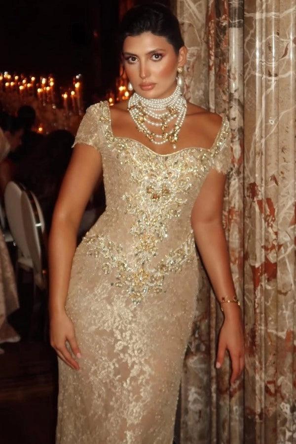 Cap Sleeves Long Lace Sheath Evening Dress with Rhinestones