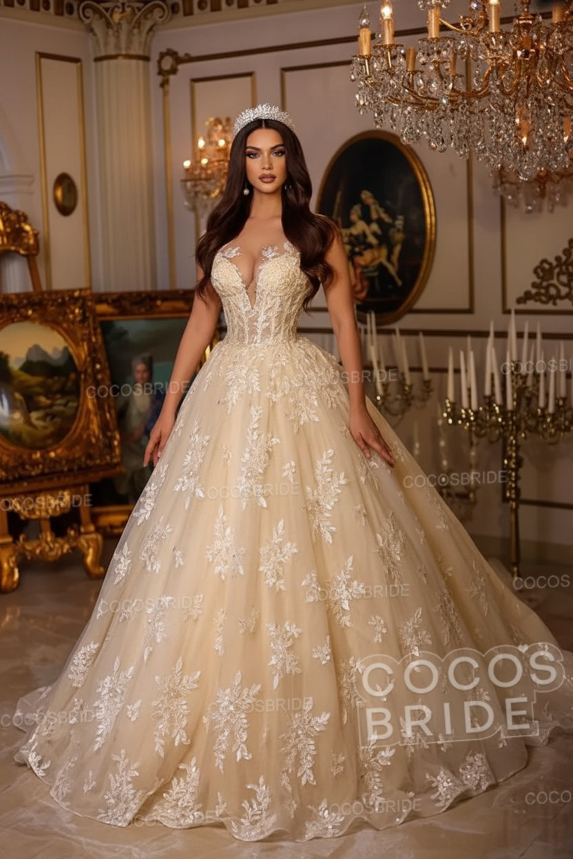 Long A-line Sweetheart Tulle Lace Open Back Wedding Dresses