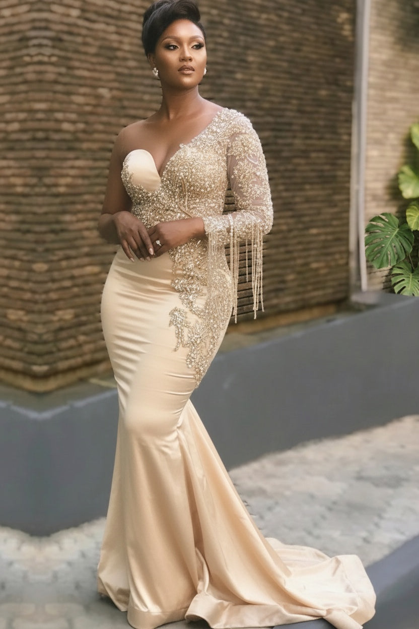 Long Mermaid Appliques One Shoulder Floor Length Formal Evening Dress