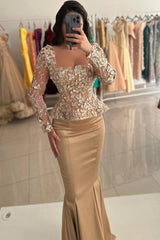Champagne Long Sleeves Mermaid Formal Dress with Lace Appliques