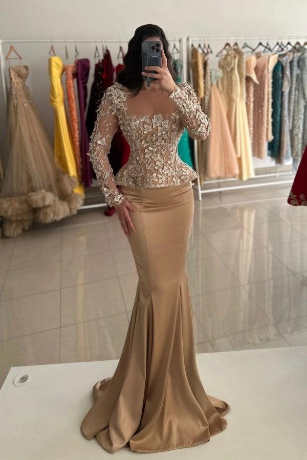 Champagne Long Sleeves Mermaid Formal Dress with Lace Appliques