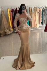 Champagne Long Sleeves Mermaid Formal Dress with Lace Appliques