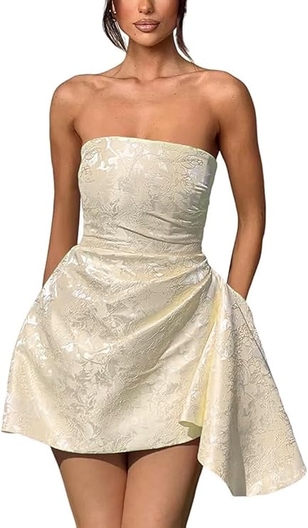 A-line Strapless Jacquard Satin Asymmetrical Lace up Sleeveless Short Homecoming Dress