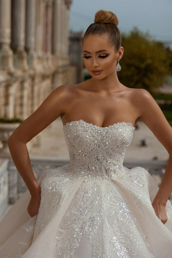 Charming Long Ball Gown Strapless Sleeveless Tulle Lace Wedding Dresses