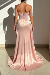 Charming Long Mermaid Strapless Ruffles Sequined Satin Prom Dress