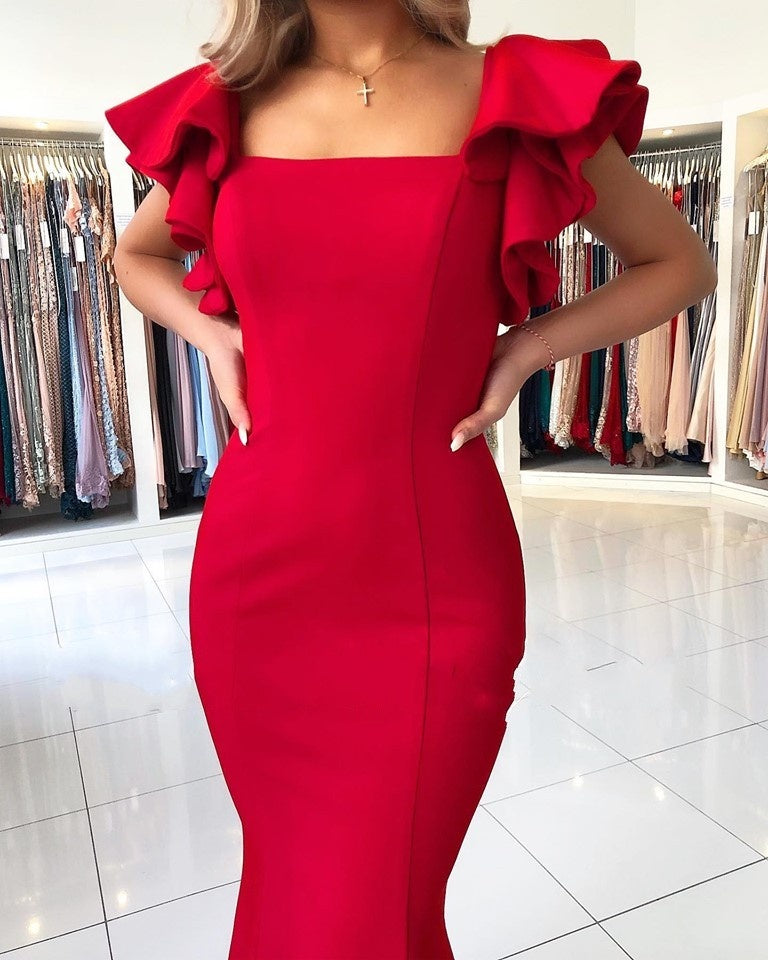 Charming Red Long Square Neckline Ruffles Mermaid Prom Dresses