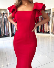 Charming Red Long Square Neckline Ruffles Mermaid Prom Dresses