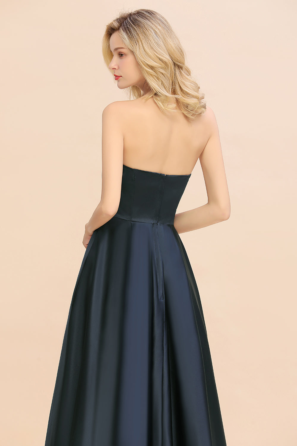 Charming Strapless Backless A-Line High Low Satin Bridesmaid Dress With Pockets