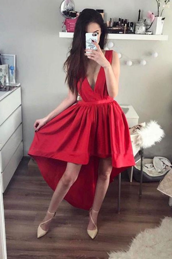 Chic High Low A-line V-neck Homecoming Dresses