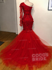 Chic Long One Shoulder Appliques Lace Tulle Mermaid Prom Dress with Sleeves