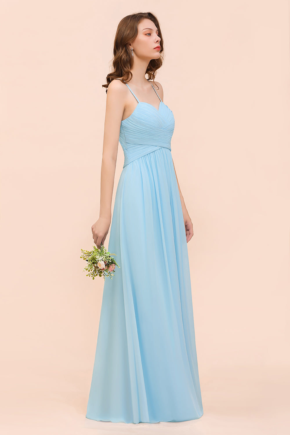 Chic Long Sweetheart Spaghetti Straps Sky Blue Chiffon Bridesmaid Dress with Ruffle