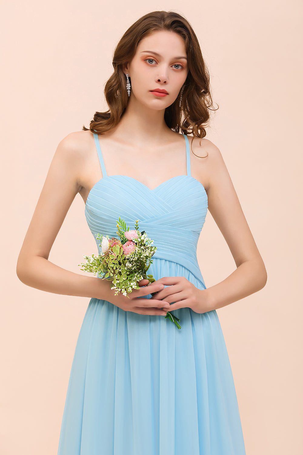 Chic Long Sweetheart Spaghetti Straps Sky Blue Chiffon Bridesmaid Dress with Ruffle
