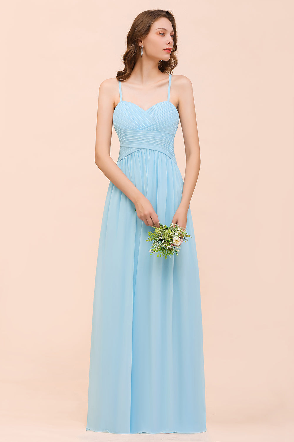 Chic Long Sweetheart Spaghetti Straps Sky Blue Chiffon Bridesmaid Dress with Ruffle