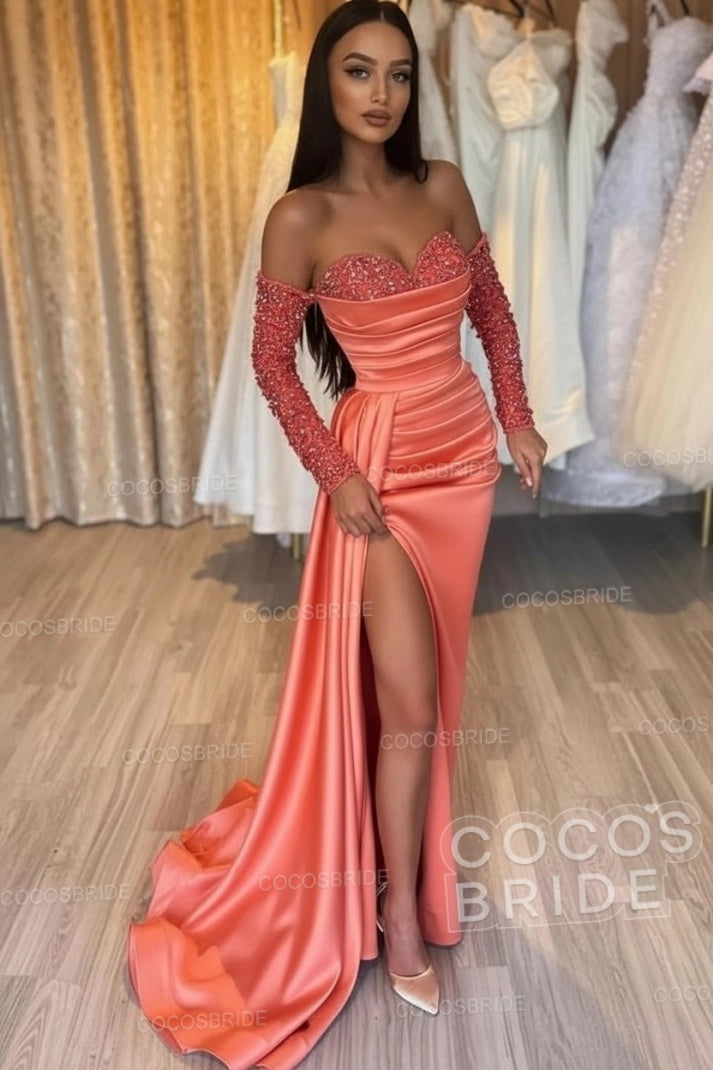 Long Mermaid Off the Shoulder Satin Front Slit Prom Dresses with Sleeves