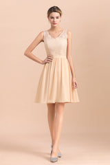 Cute Sleeveless Lace A-Line Knee Length V-neck Backless Bridesmaid Dress