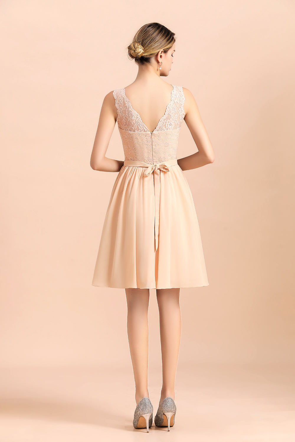 Cute Sleeveless Lace A-Line Knee Length V-neck Backless Bridesmaid Dress