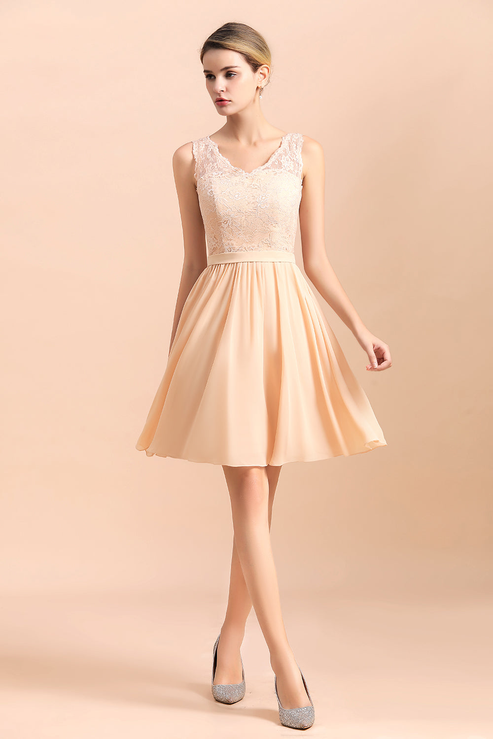 Cute Sleeveless Lace A-Line Knee Length V-neck Backless Bridesmaid Dress