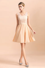 Cute Sleeveless Lace A-Line Knee Length V-neck Backless Bridesmaid Dress
