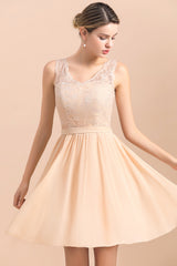 Cute Sleeveless Lace A-Line Knee Length V-neck Backless Bridesmaid Dress