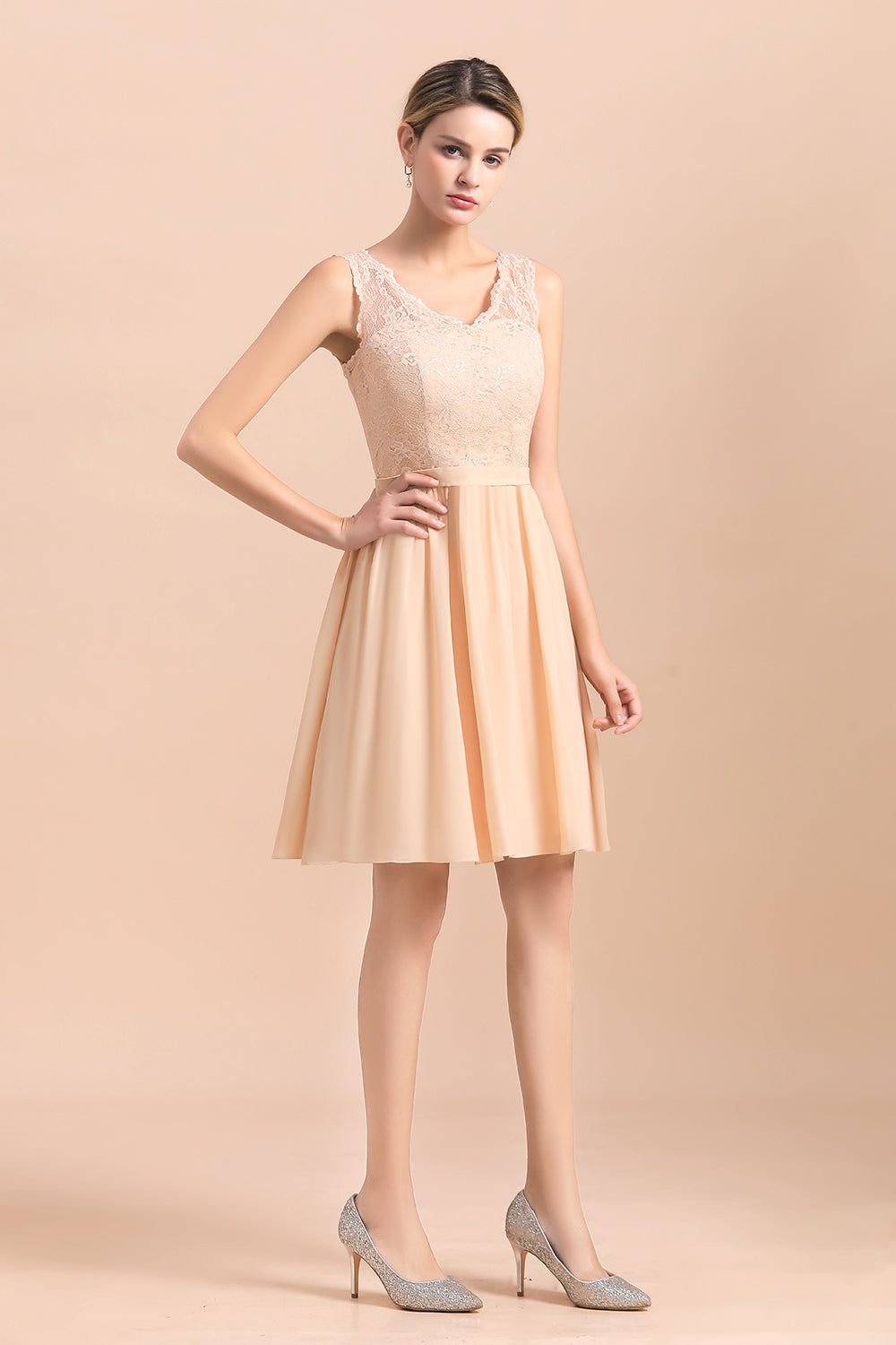 Lace A-Line Short V-neck Backless Wedding Guest Dresses with Short Sleeveless