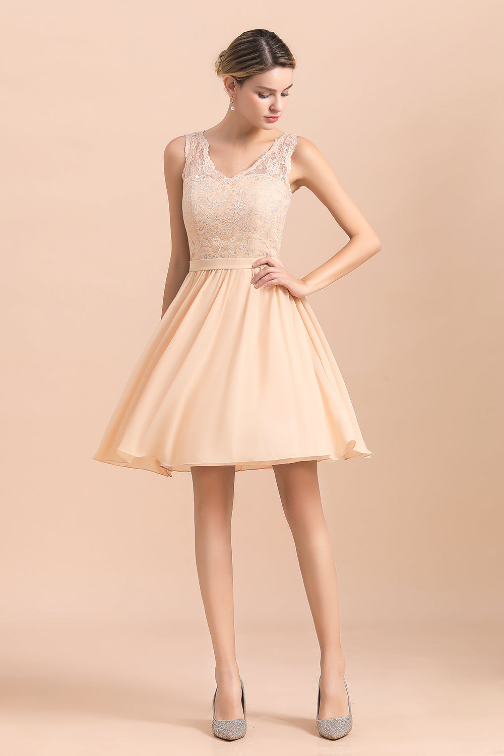 Cute Sleeveless Lace A-Line Knee Length V-neck Backless Bridesmaid Dress