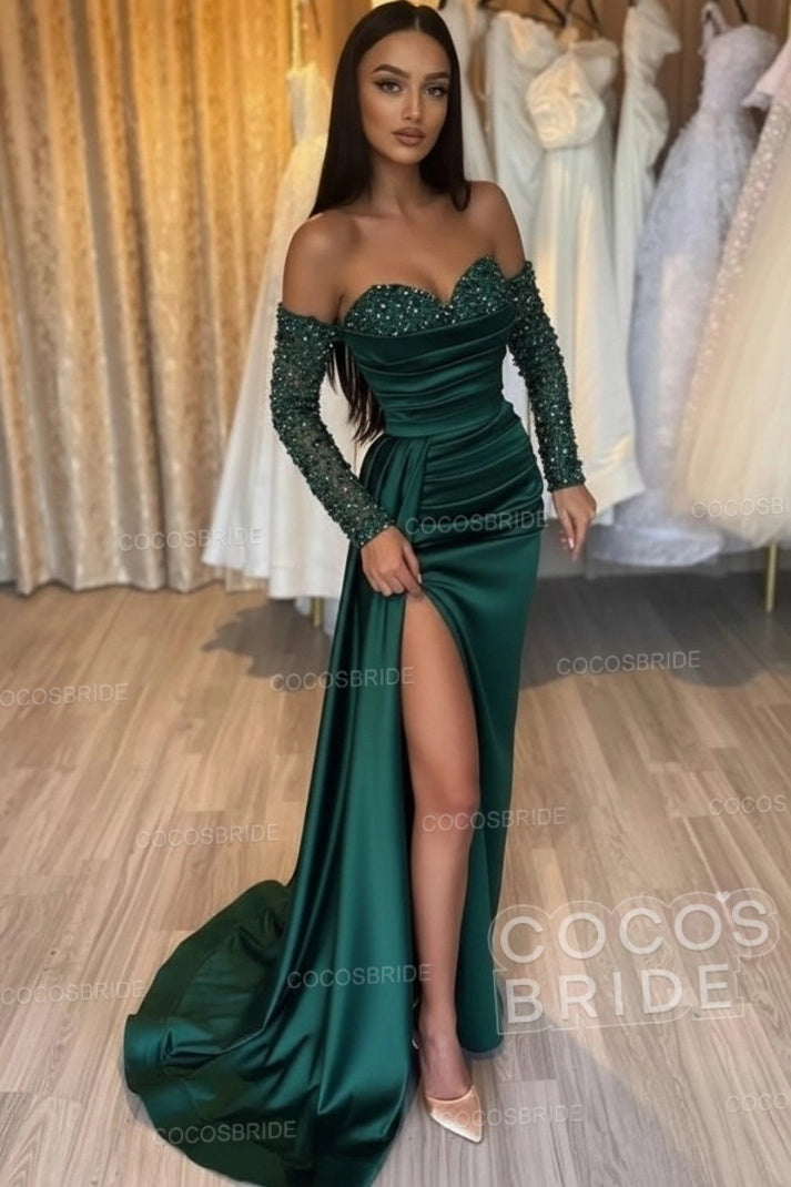 Long Mermaid Off the Shoulder Satin Front Slit Prom Dresses with Sleeves