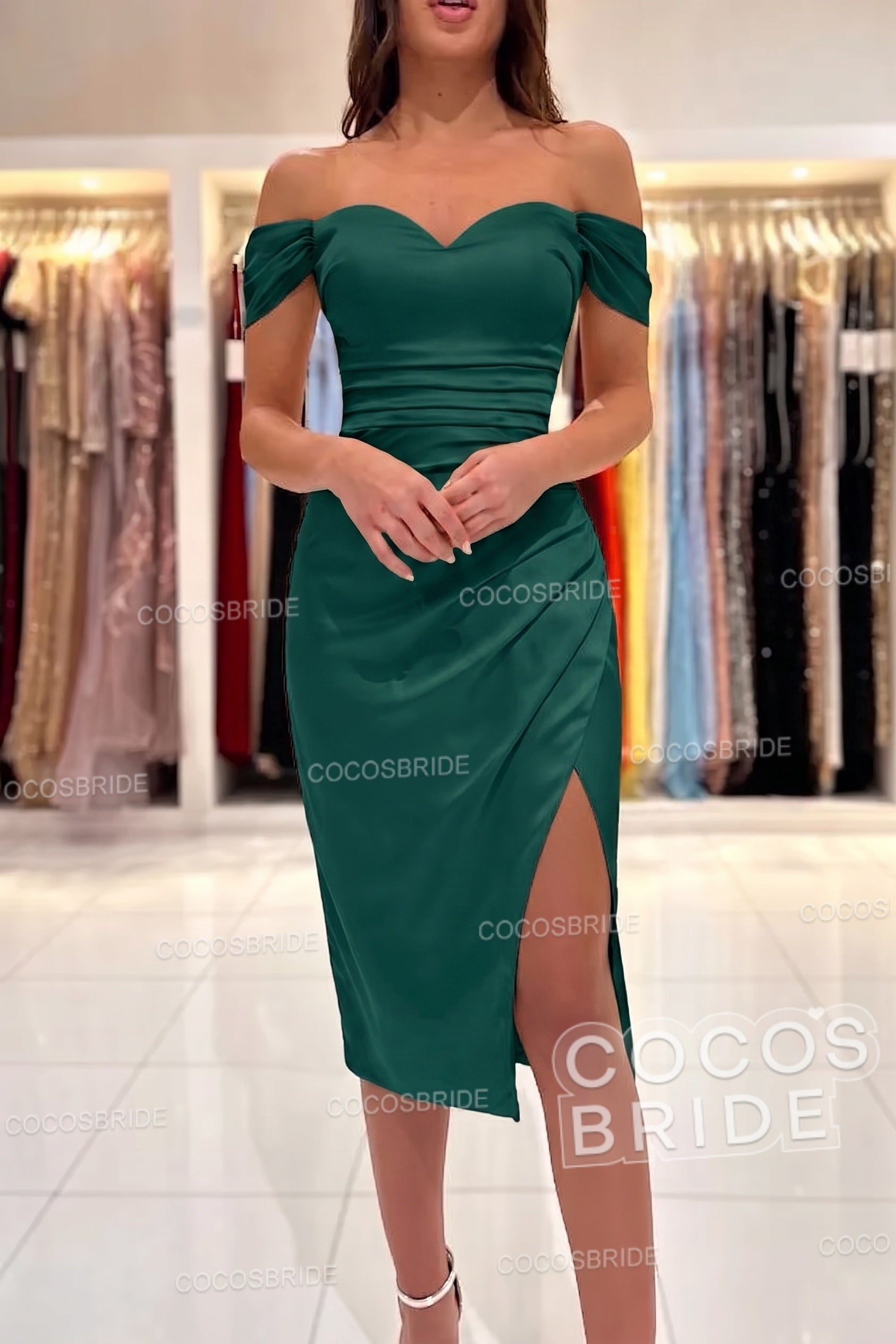 Short Mermaid Off the Shoulder Satin Party Dresses with Slit