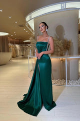 Dark Green Spaghetti Straps Long Satin Prom Dress with Split