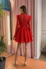 Elegant A-line Short Red Long Sleeves Lace Homecoming Dress
