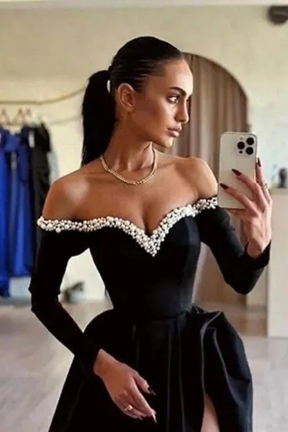Black Off-the-Shoulder A-line Long Evening Dress with Beads