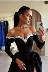Black Off-the-Shoulder A-line Long Evening Dress with Beads