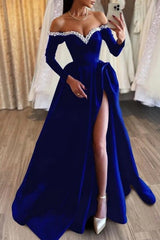 Black Off-the-Shoulder A-line Long Evening Dress with Beads