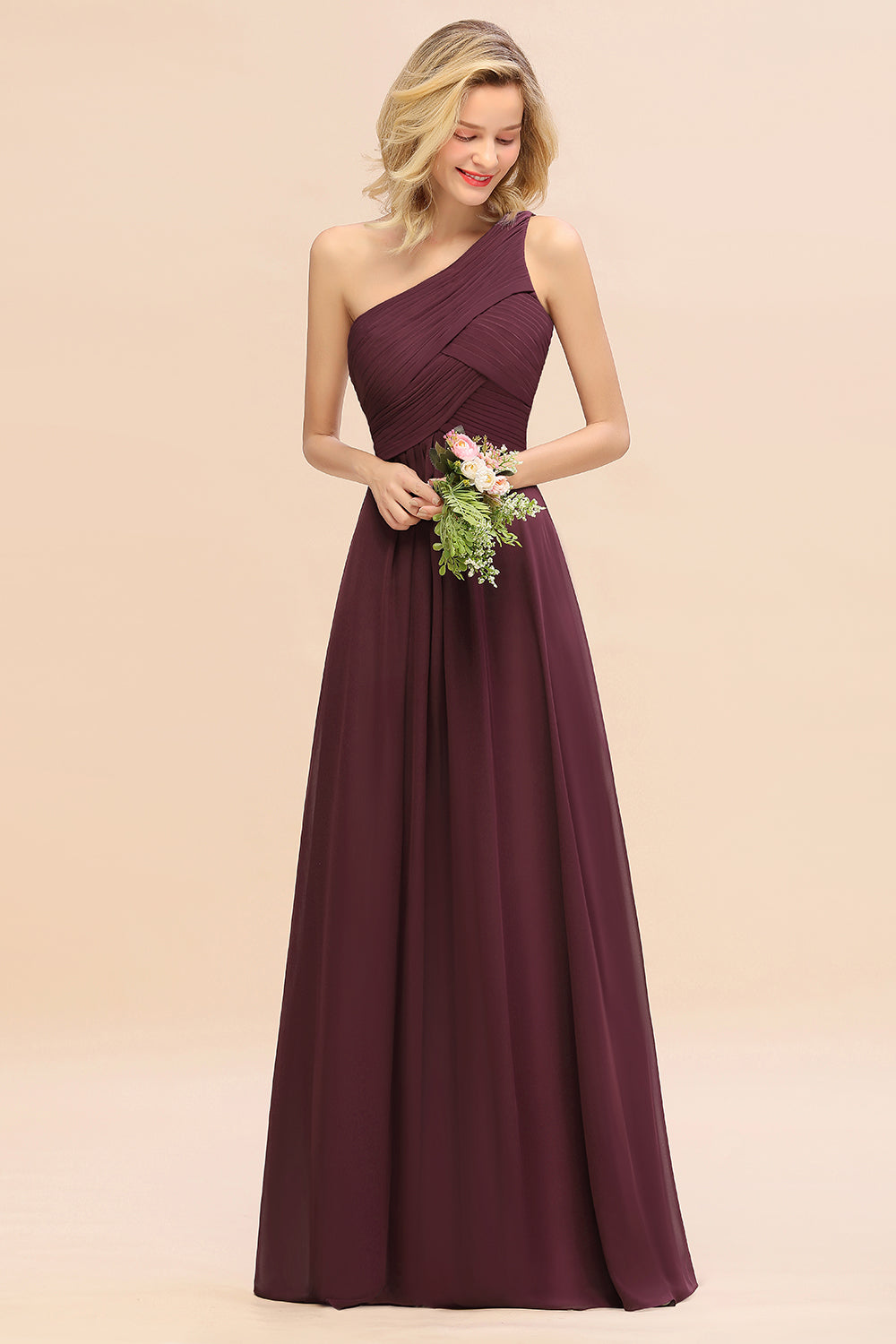 Elegant A-line Chiffon Ruffles One Shoulder Long Bridesmaid Dress
